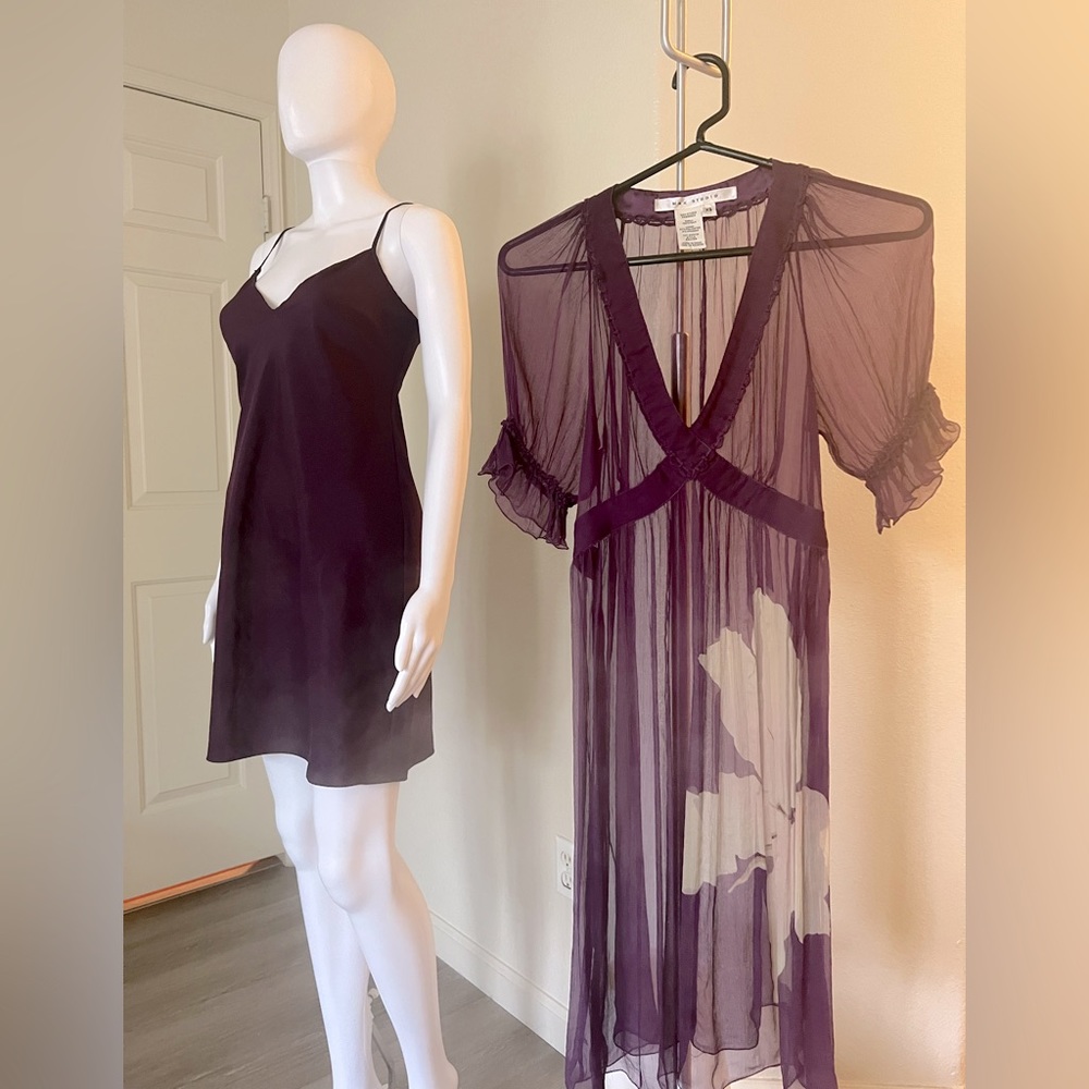 Max Studio Sheer Plum Purple Floral Dress Sz XS 100% silk
